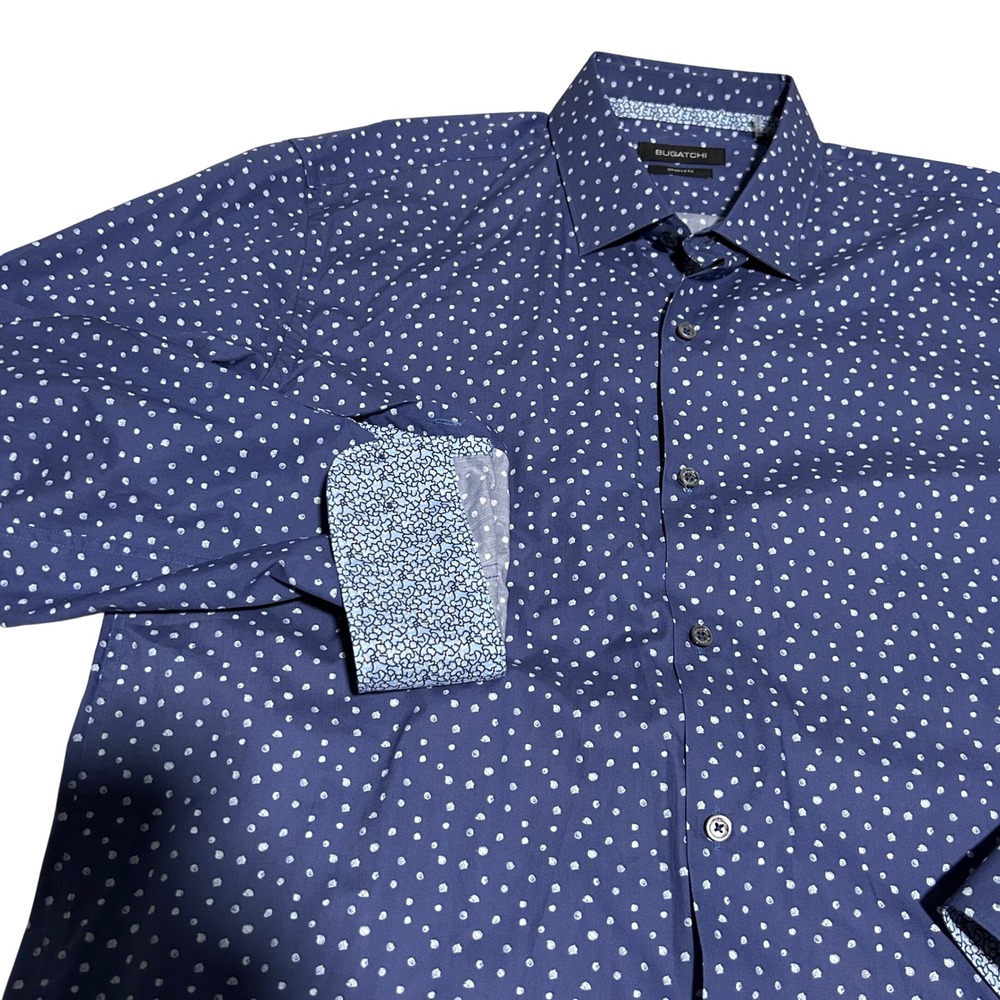 Bugatchi Button Down Shirt Mens XL Blue Polka Dot Shaped Fit Long Sleeve